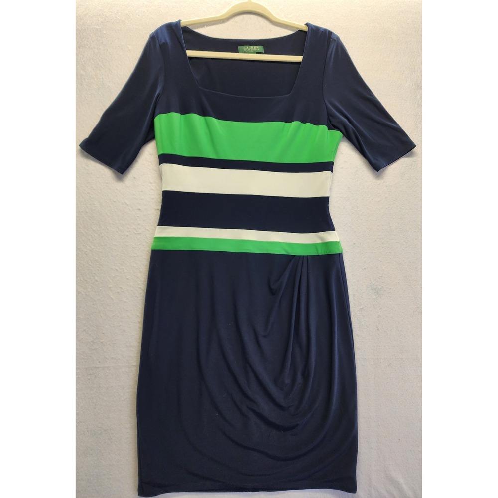 Lauren Ralph Lauren Navy Blue Green White Striped Square Neck Sheath Dress 10 - Picture 9 of 9